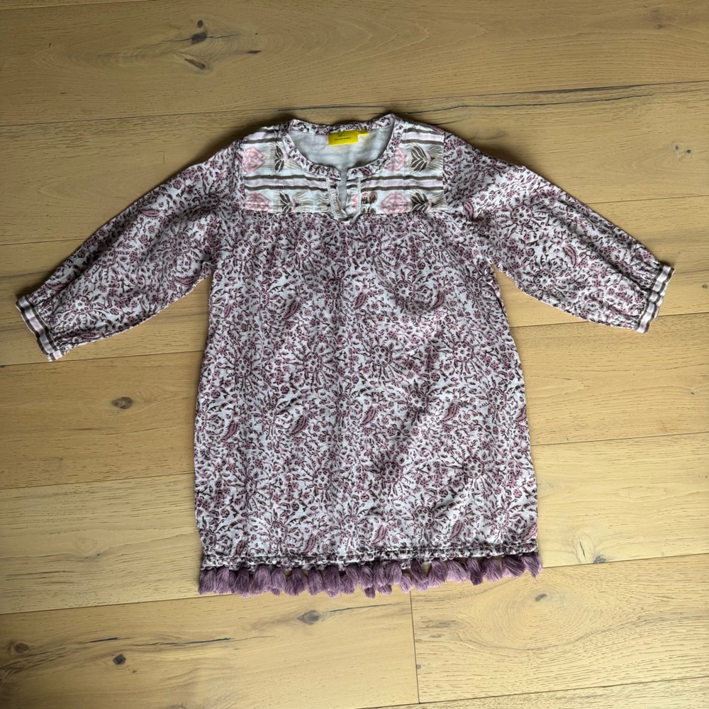 Roller Rabbit Kids Mauve Floral Block Print Tassel Tunic Dress Size 10